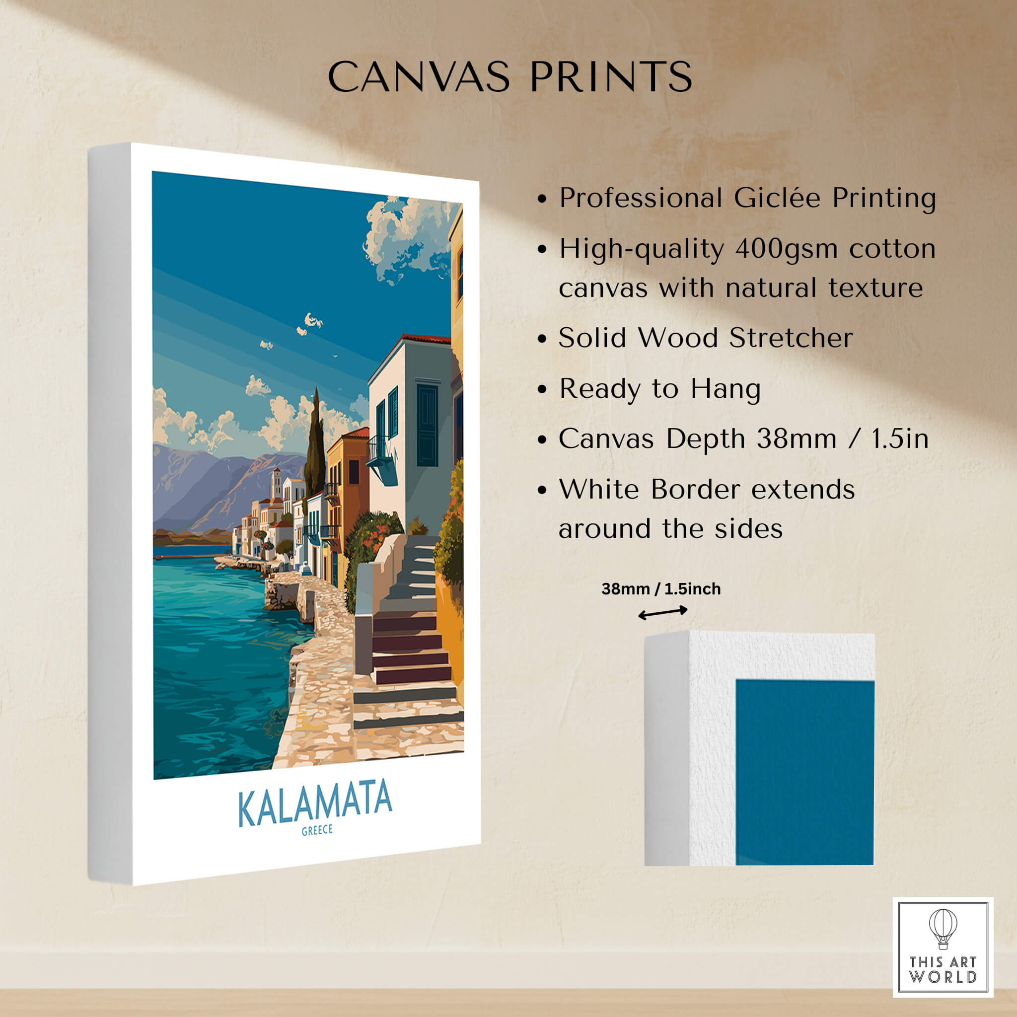 Kalamata Greece Poster | Greek Coastal Canvas Print details including Giclée printing and cotton canvas texture.