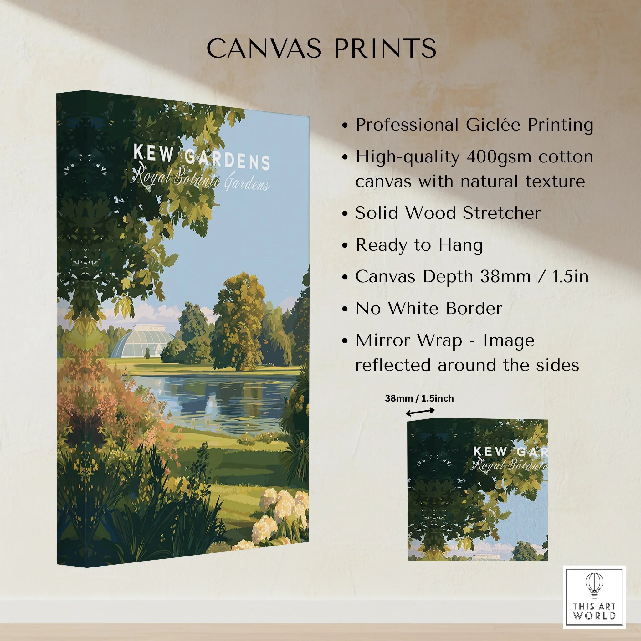 Kew Gardens canvas print with botanical garden, lake, and dome, displayed on wall