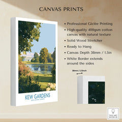 Kew Gardens canvas print with scenic landscape, white border, and product feature details