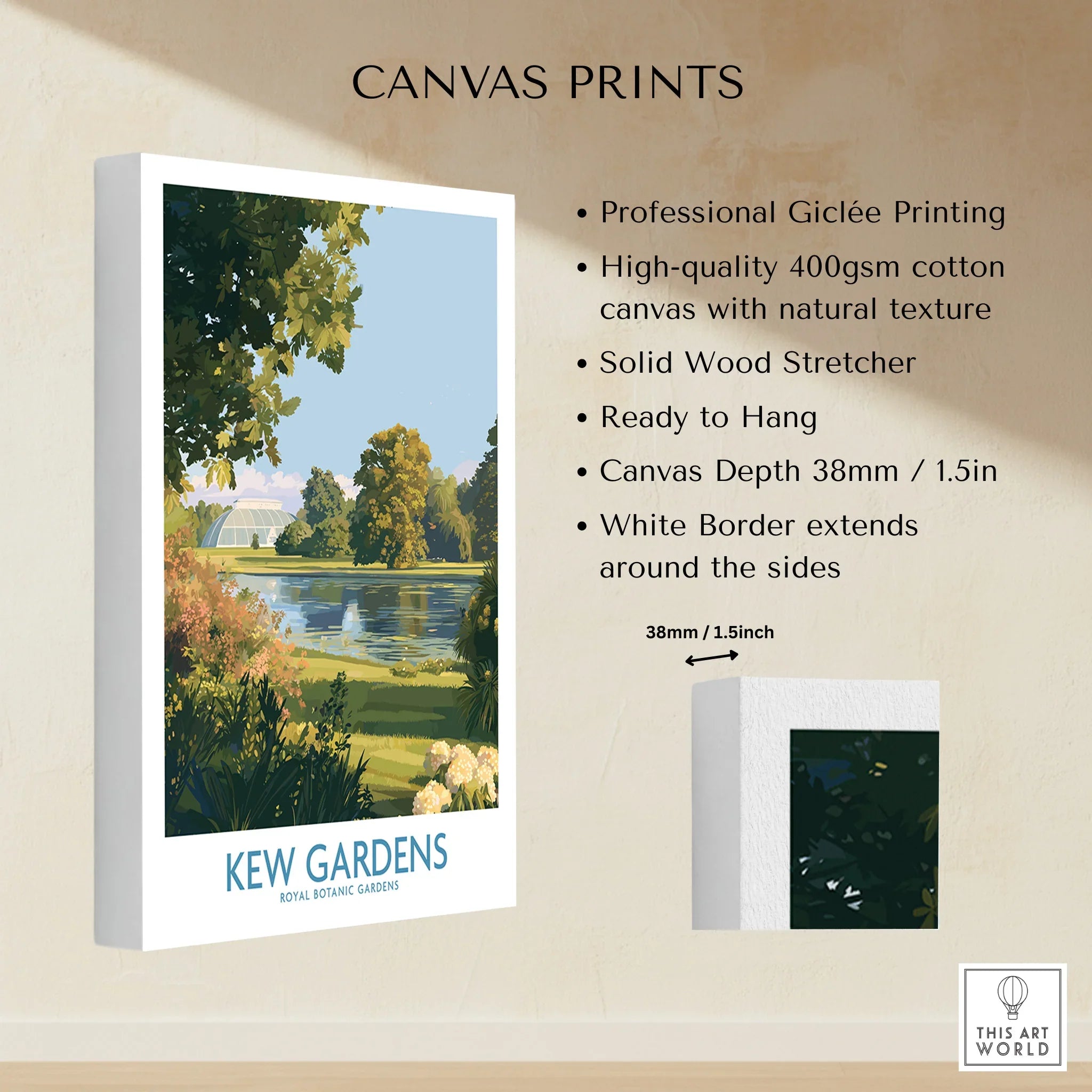 Kew Gardens canvas print with scenic landscape, white border, and product feature details