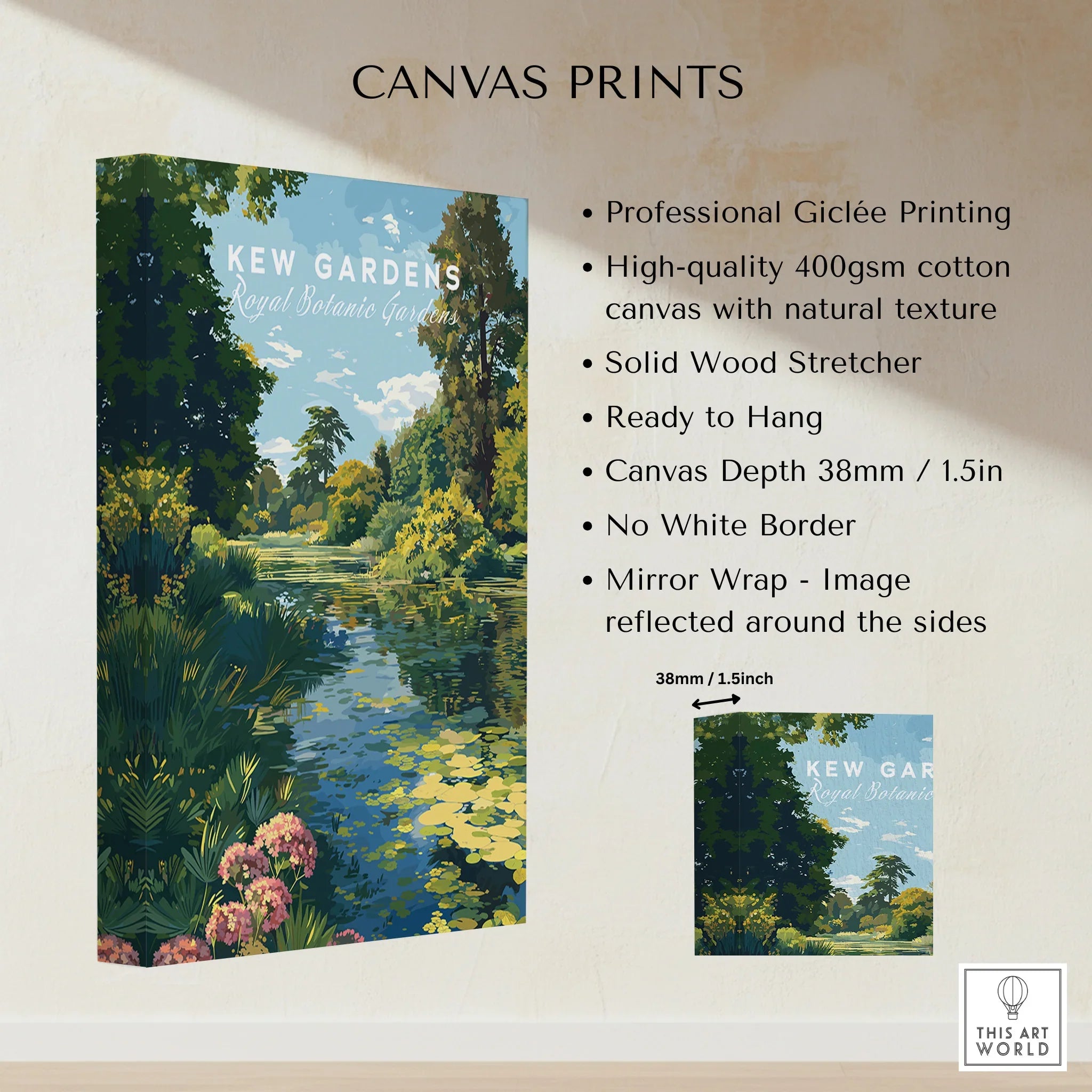 Kew Gardens canvas print with botanical landscape, stretched cotton, ready to hang wall art