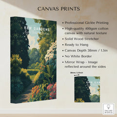 Kew Gardens canvas print with lush botanical garden illustration and canvas product details.