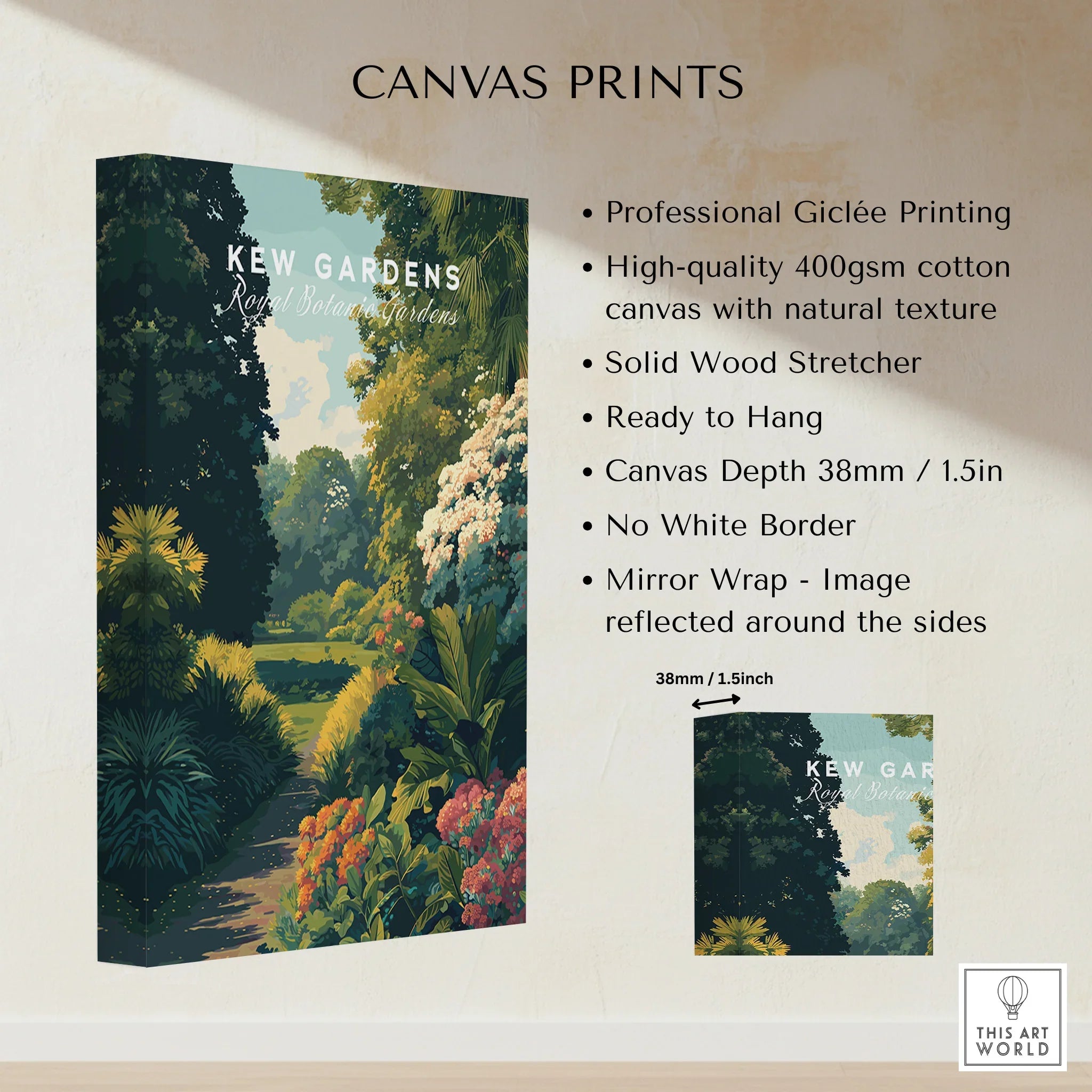 Kew Gardens canvas print with lush botanical garden illustration and canvas product details.