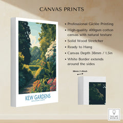 Stretched Kew Gardens canvas print with lush garden landscape, white border, and hanging details