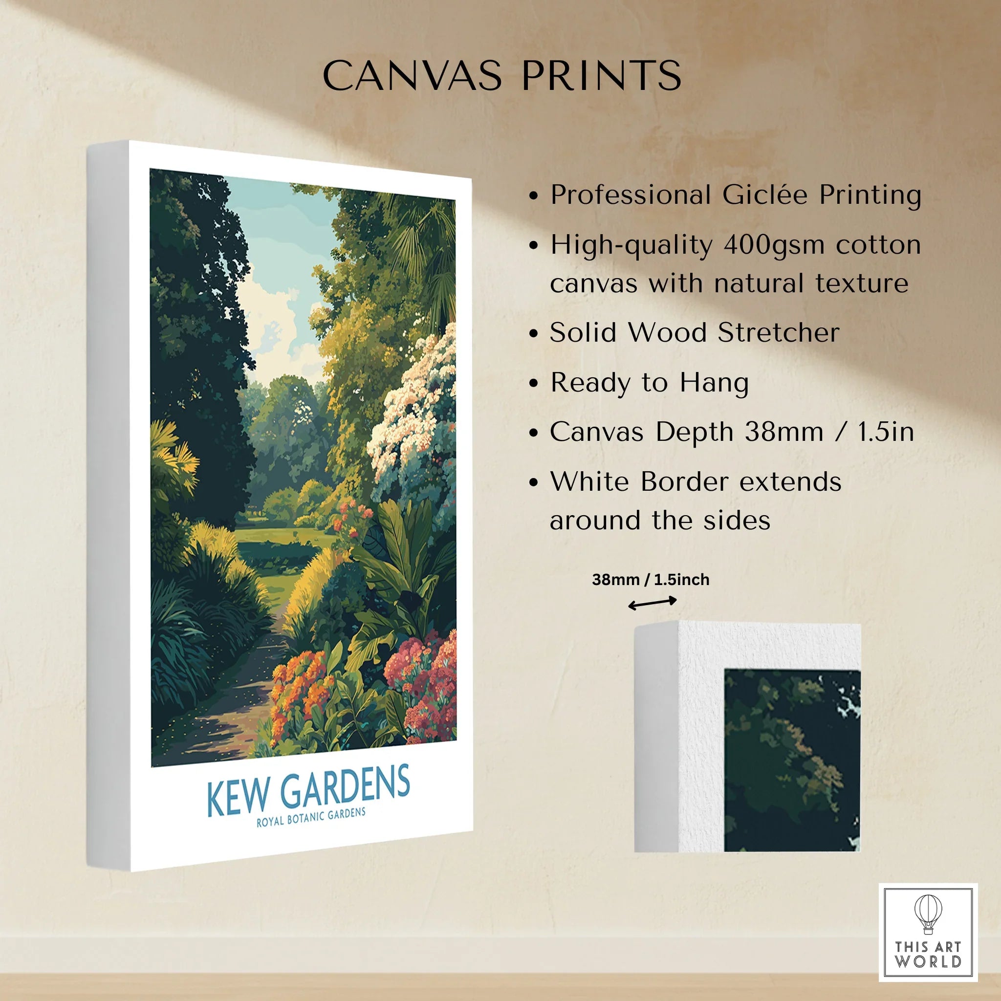Stretched Kew Gardens canvas print with lush garden landscape, white border, and hanging details
