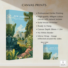 Kew Gardens botanical canvas print with lush greenery and glasshouse, high-quality wall art