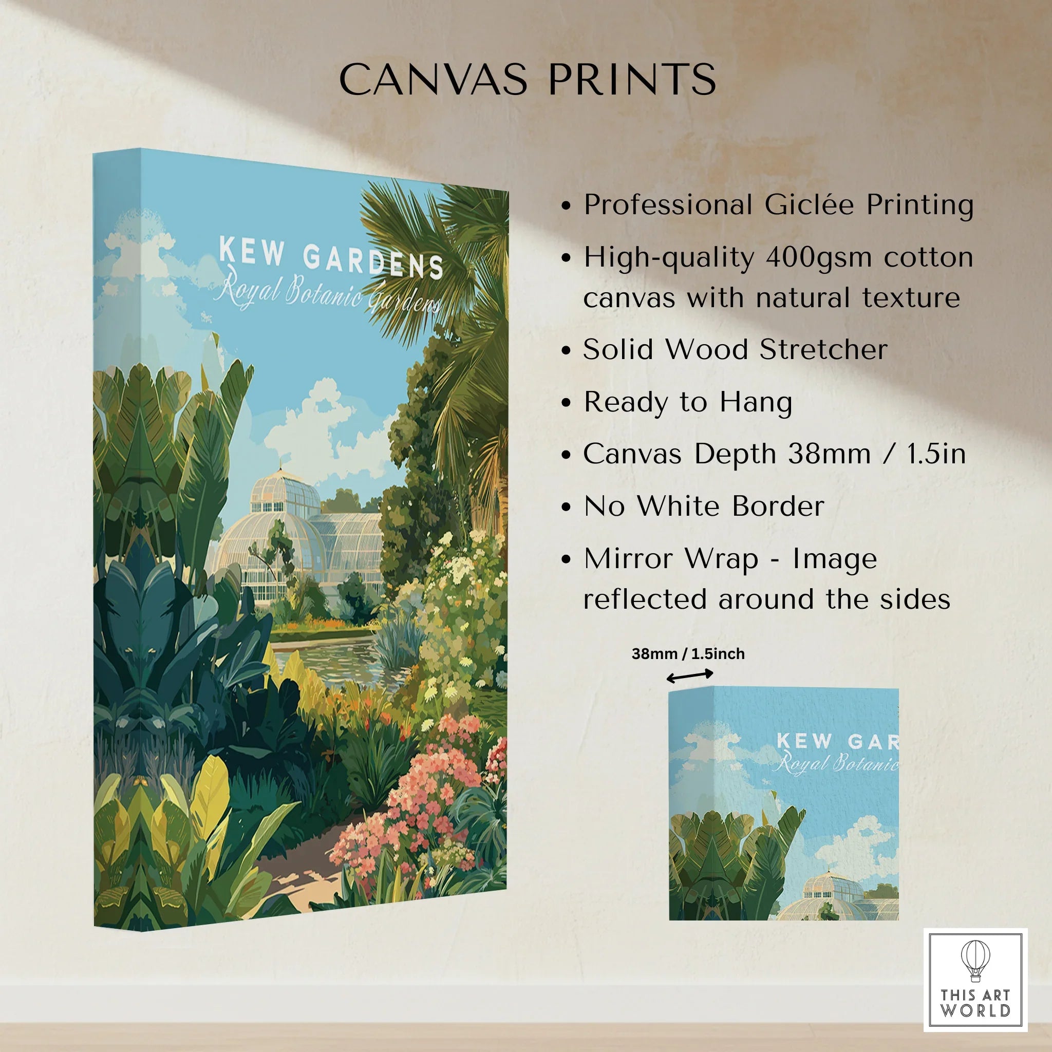 Kew Gardens botanical canvas print with lush greenery and glasshouse, high-quality wall art