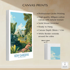 Kew Gardens canvas print featuring botanical garden artwork with lush plants and glasshouse.