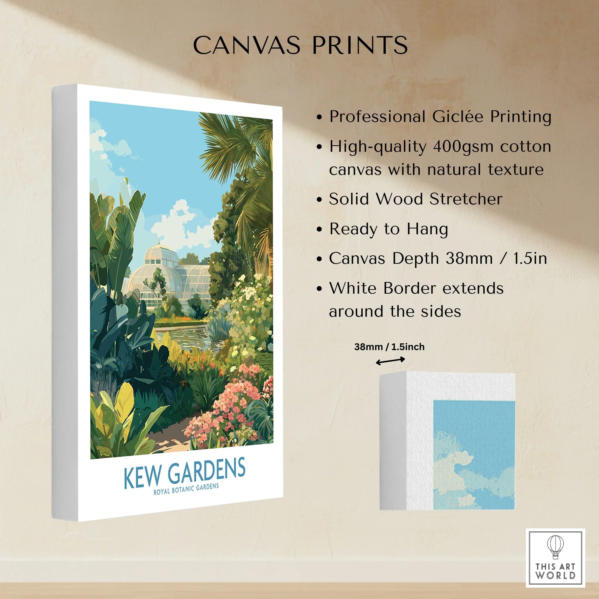 Kew Gardens canvas print featuring botanical garden artwork with lush plants and glasshouse.