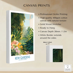 Stretched cotton canvas print of Kew Gardens with botanical illustration, white border, and product details.