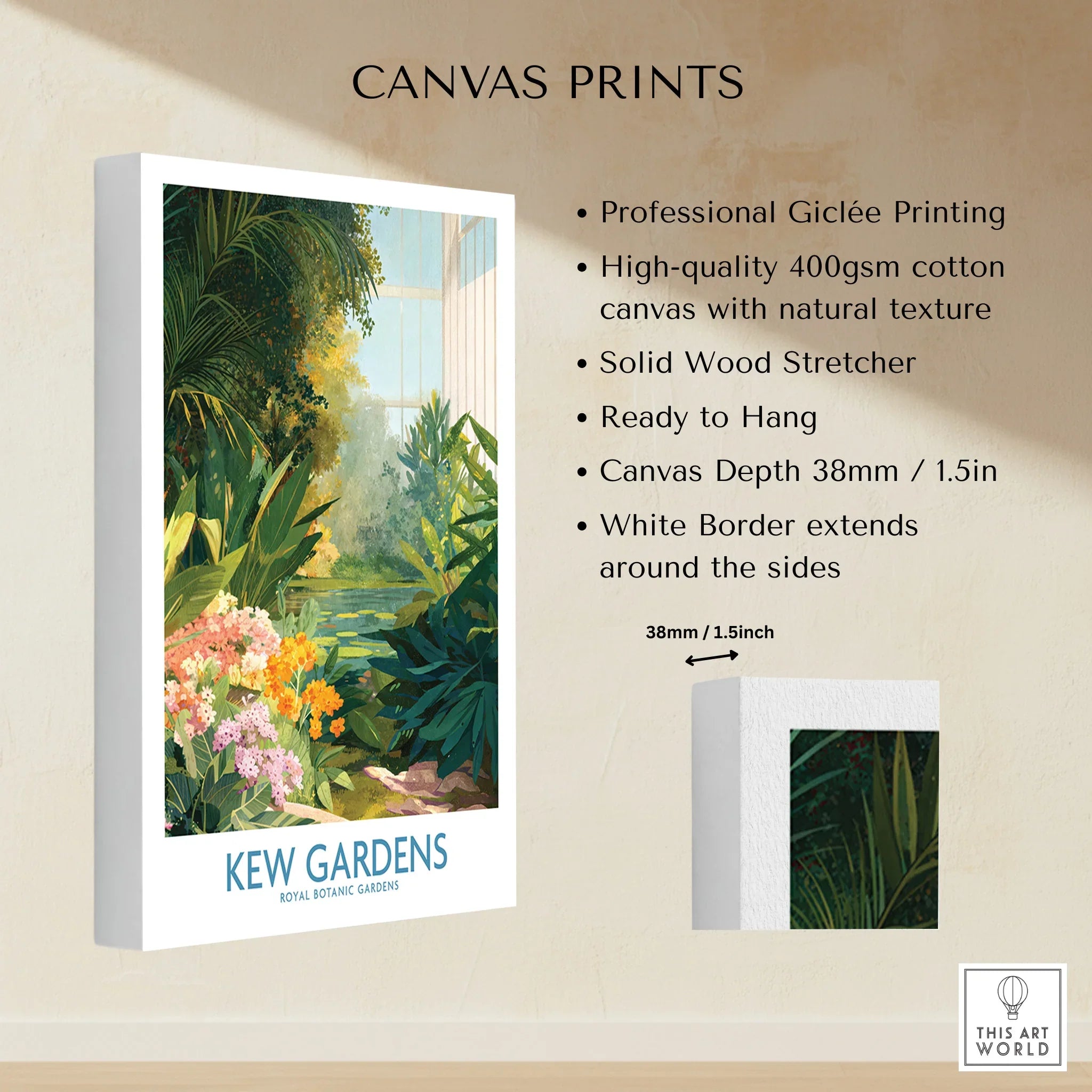 Stretched cotton canvas print of Kew Gardens with botanical illustration, white border, and product details.