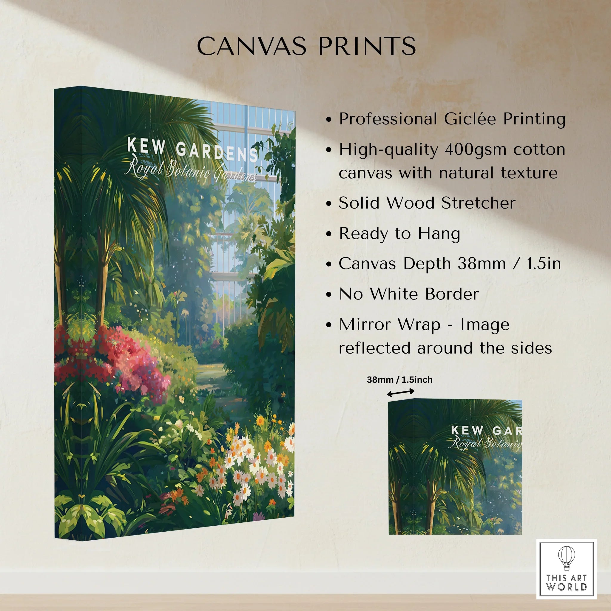 Kew Gardens canvas print with botanical garden illustration, stretched on wood frame, wall art
