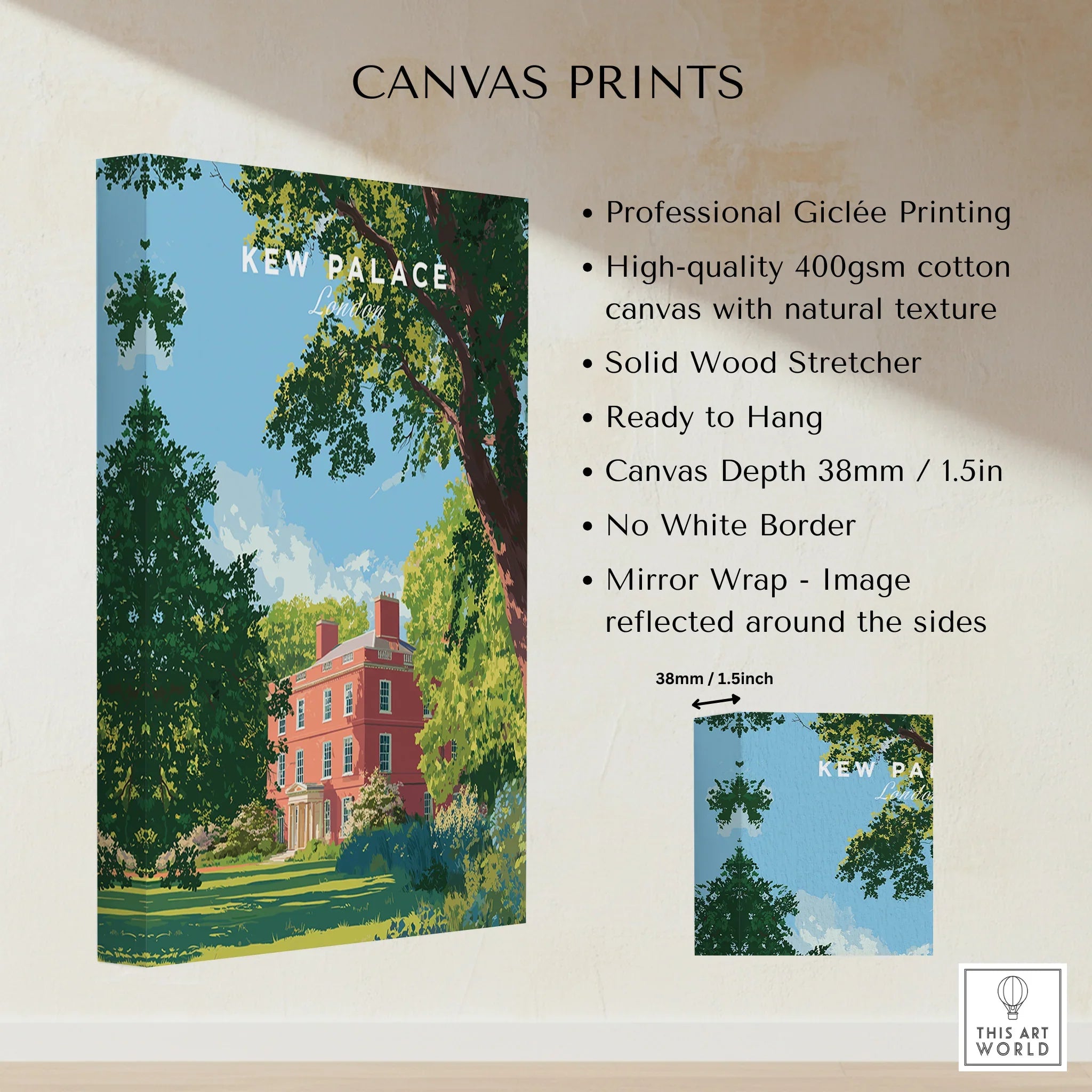 Kew Palace wall art print on stretched cotton canvas with leafy trees and a blue sky.