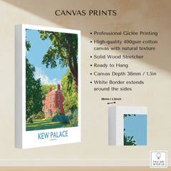 Kew Palace London canvas print on stretched cotton with white border, featuring leafy garden scene.