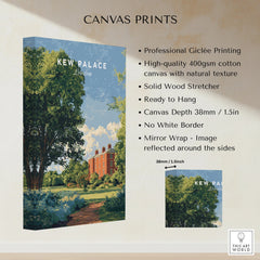Kew Palace London travel poster canvas print with scenic garden, shown on stretched cotton canvas.