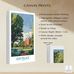 Stretched cotton canvas print of Kew Palace London in vibrant landscape artwork, ready to hang.