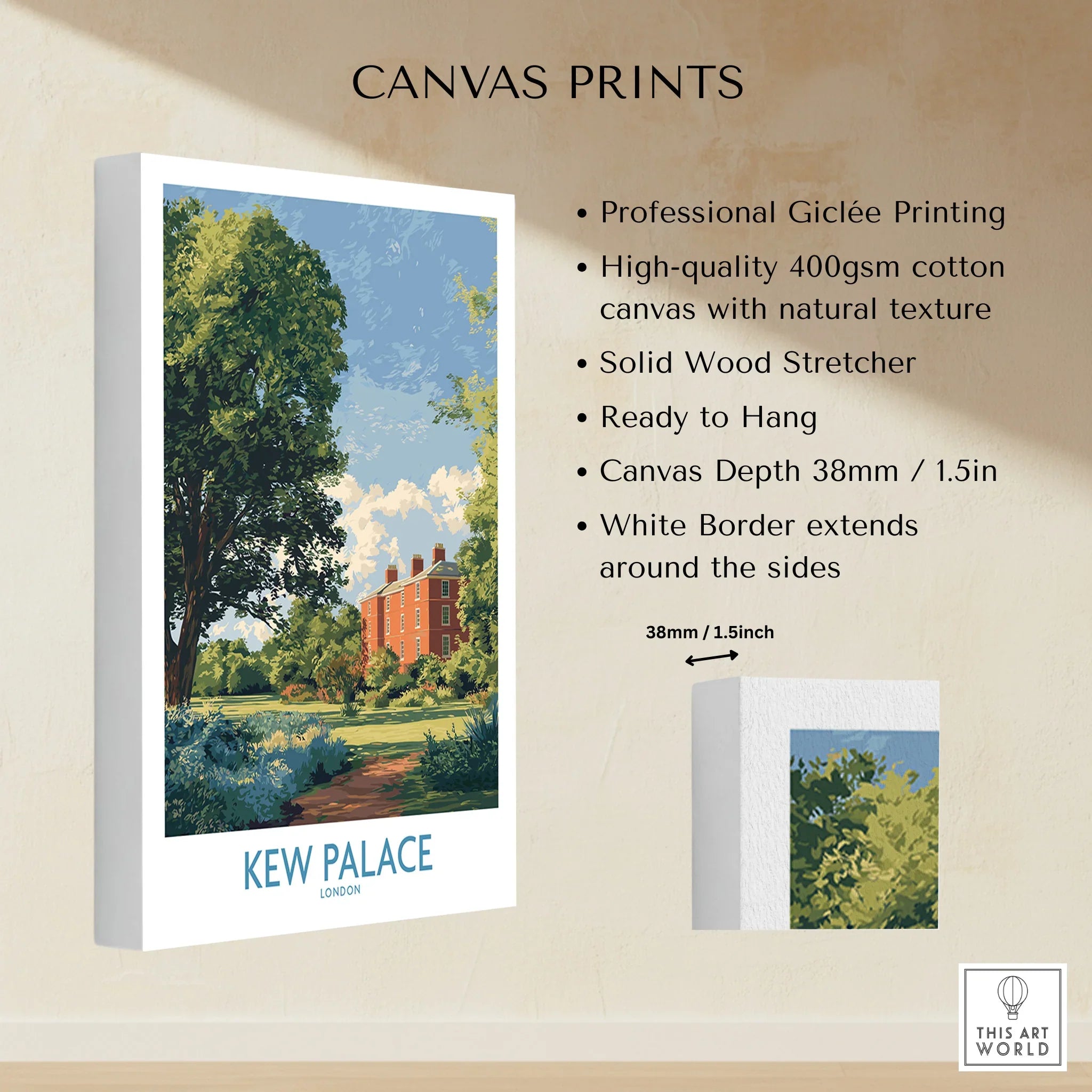 Stretched cotton canvas print of Kew Palace London in vibrant landscape artwork, ready to hang.