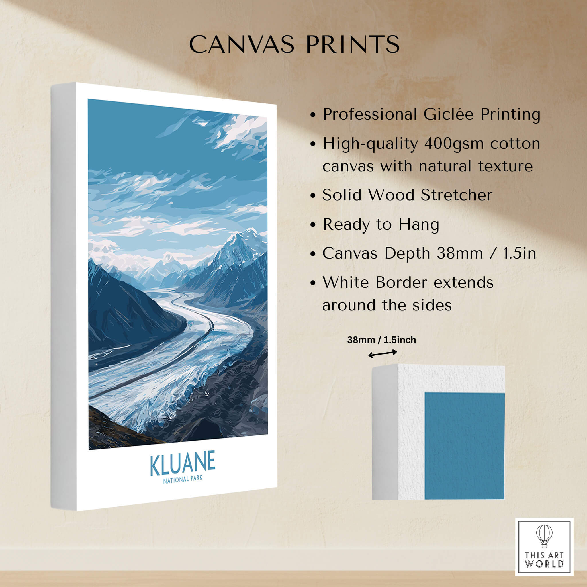 Kluane Poster National Park Canada  | Snow Capped Mountains Canvas Print showcased with professional Giclée printing.