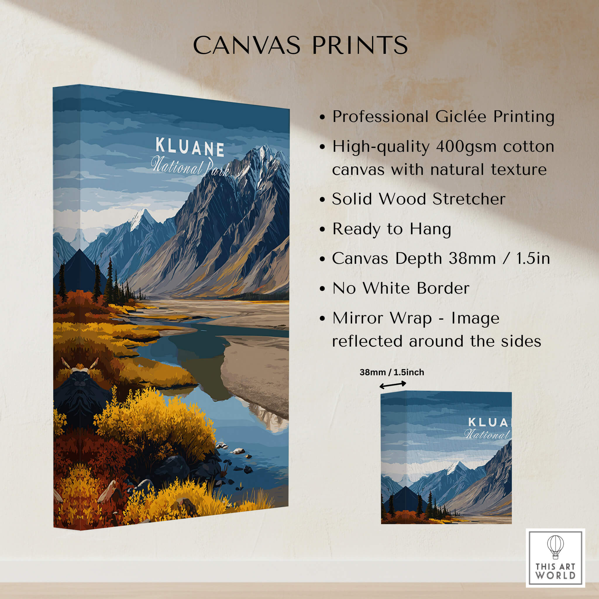 Kluane Travel Poster National Park Canada | Yukon Valley Wall Art Print showcasing professional giclée printing and mountain scenery.