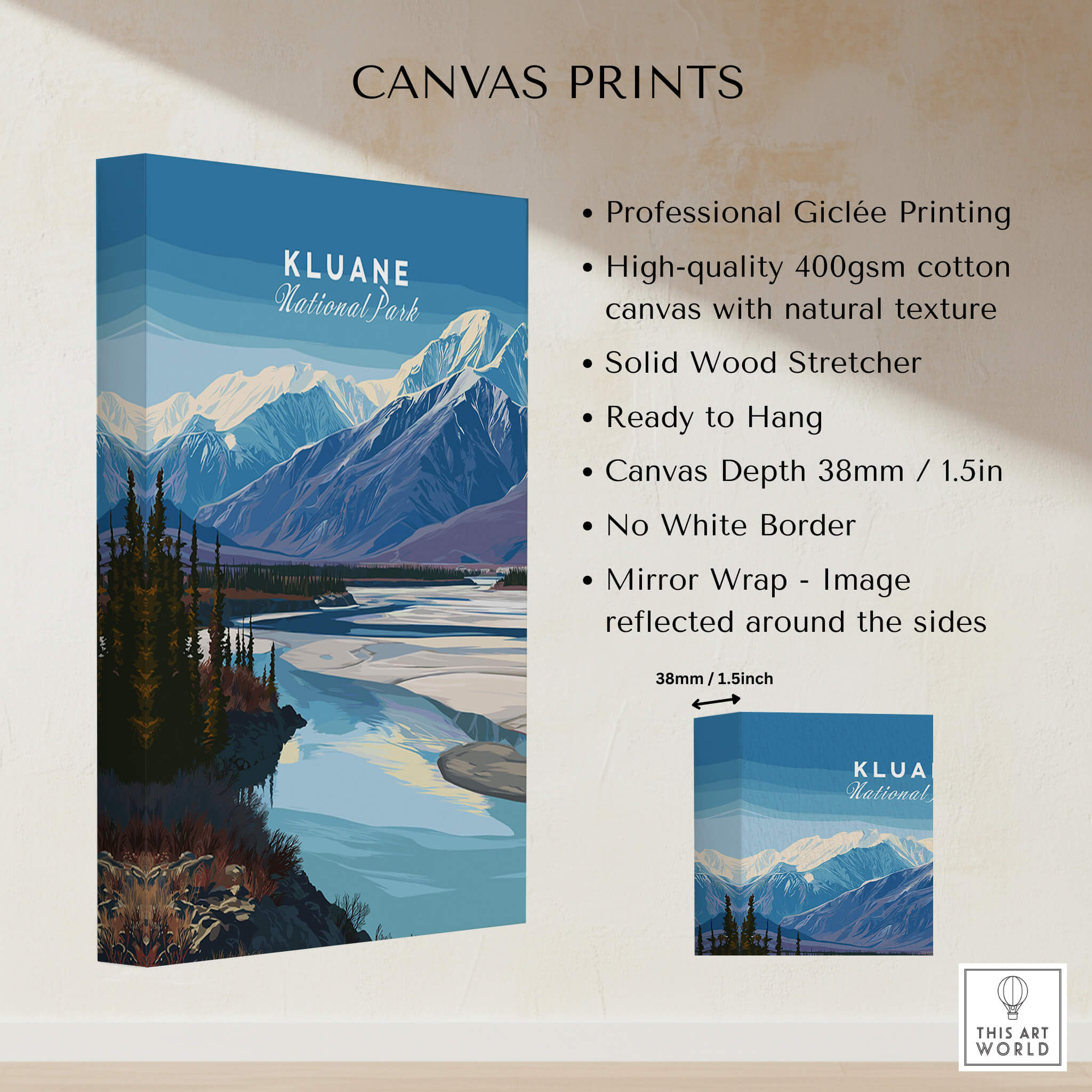 Kluane National Park Canada Wall Art Print | Scenic Yukon River Travel Poster features giclee printing and mirror wrap design.