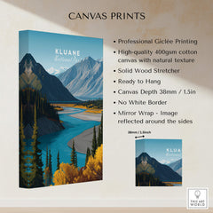 Kluane National Park Canada Travel Poster | Wild Yukon River Path Wall Art Print displayed on canvas with beautiful landscape.