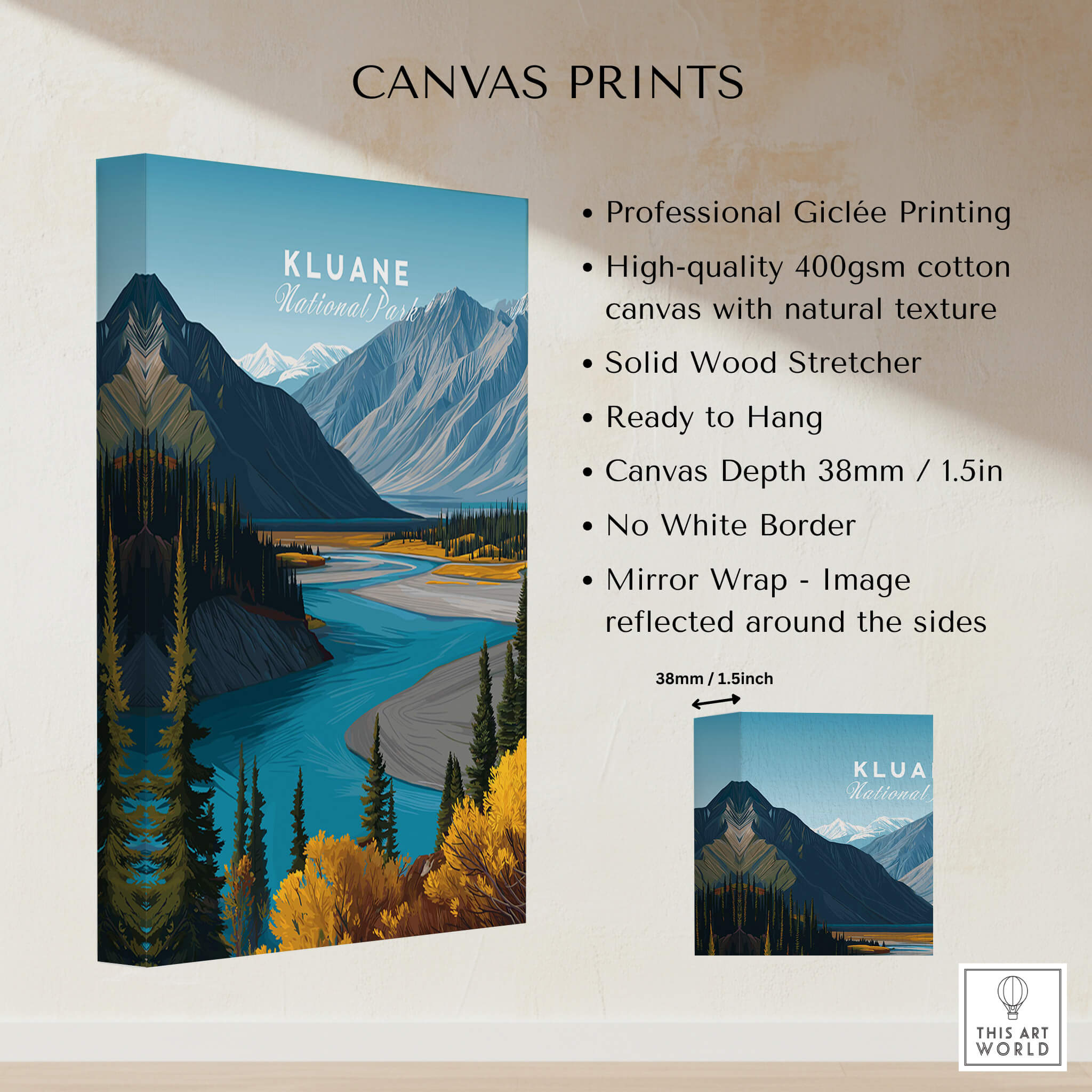 Kluane National Park Canada Travel Poster | Wild Yukon River Path Wall Art Print displayed on canvas with beautiful landscape.