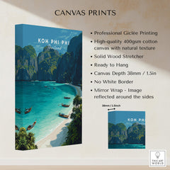 Koh Phi Phi Thailand Travel Poster | Maya Bay Tropical Beach Wall Art Print with canvas features and printing details.