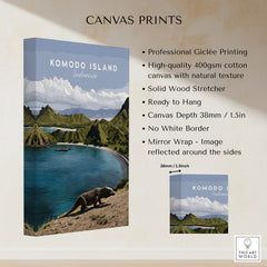 Komodo Island Indonesia canvas print with Komodo dragon, coastal landscape, and product details