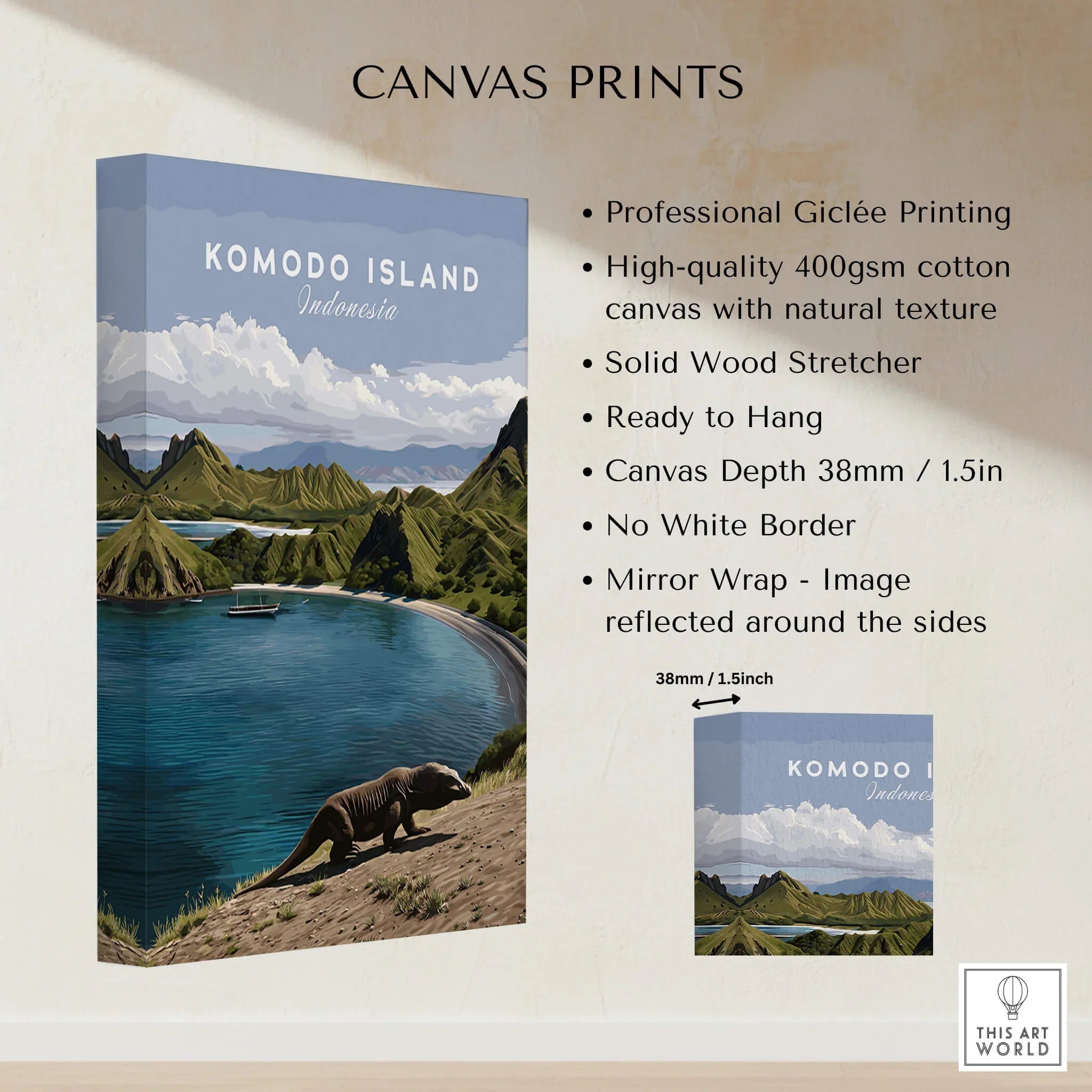 Komodo Island Indonesia canvas print with Komodo dragon, coastal landscape, and product details