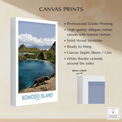 Stretched cotton canvas print featuring Komodo Island landscape, Komodo dragon, ocean, mountains, and specs.