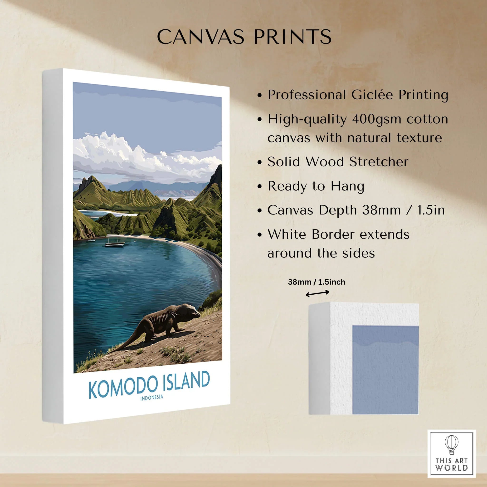 Stretched cotton canvas print featuring Komodo Island landscape, Komodo dragon, ocean, mountains, and specs.