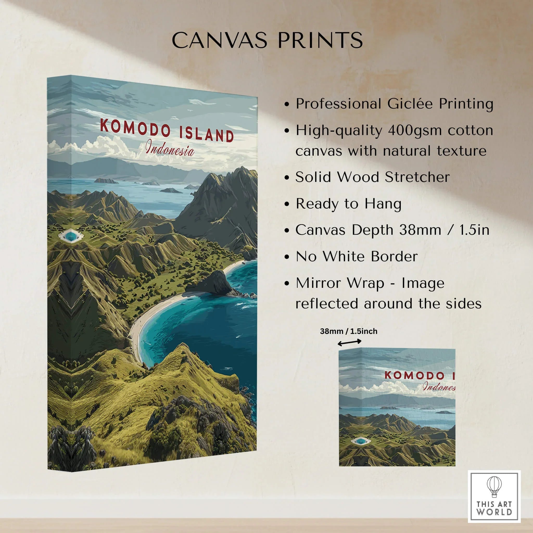 Komodo Island Indonesia canvas wall art print with coastal landscape, 38mm depth, no white border