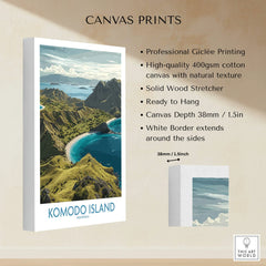 Komodo Island travel poster canvas print with coastal landscape, white border, and product features listed.