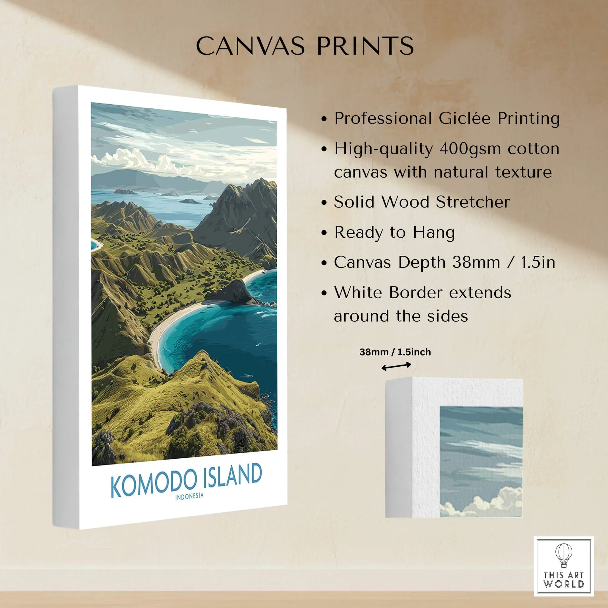 Komodo Island travel poster canvas print with coastal landscape, white border, and product features listed.