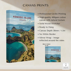 Komodo Island Indonesia travel poster on stretched cotton canvas print with scenic coastal landscape