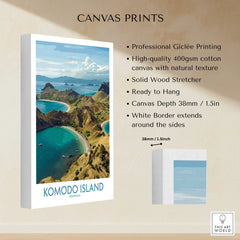 Komodo Island wall art canvas print with turquoise water, rocky coast, and white border details
