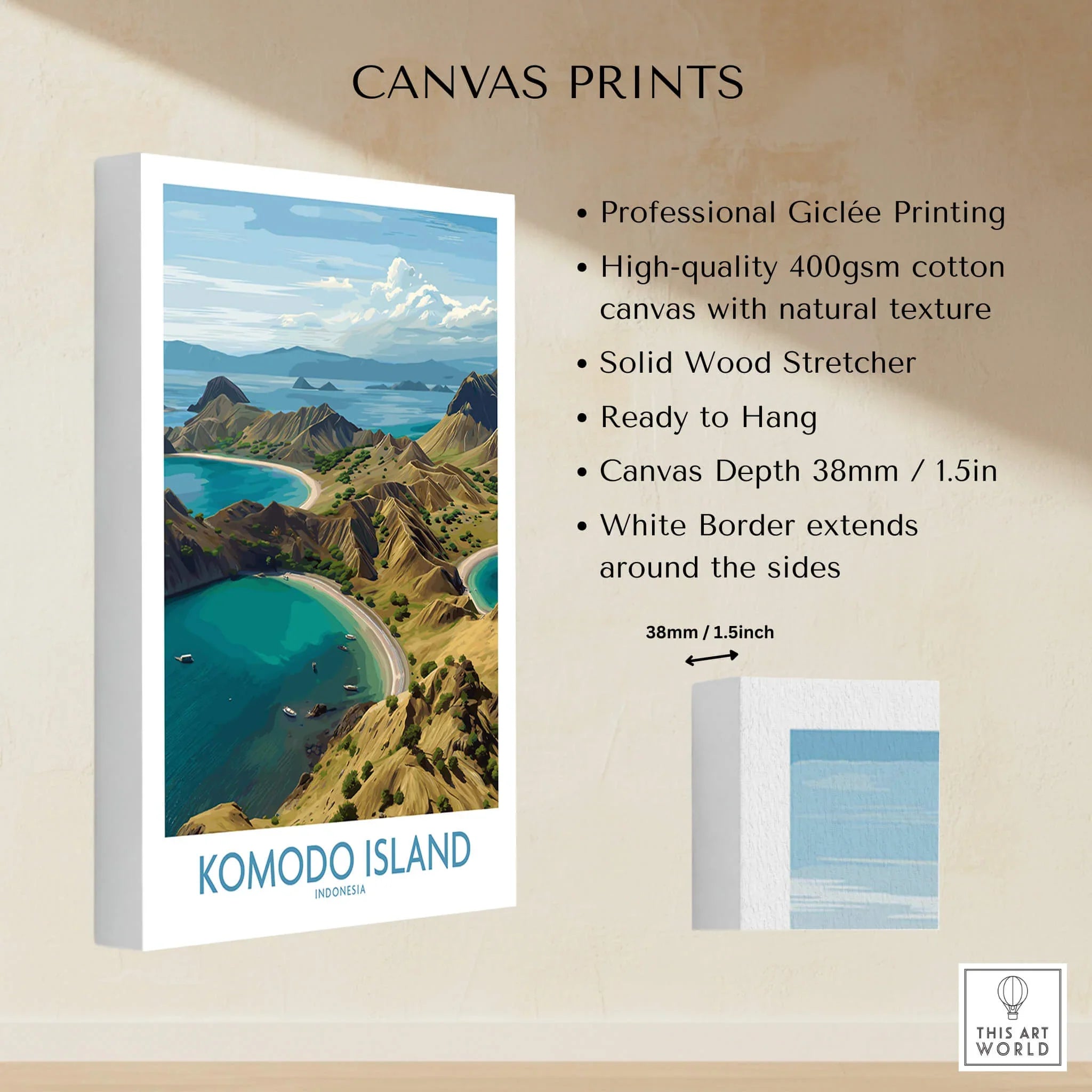 Komodo Island wall art canvas print with turquoise water, rocky coast, and white border details