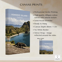 Komodo Island Indonesia canvas wall art with illustrated Komodo dragon, mountains, and ocean.