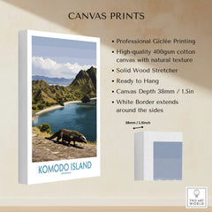 Komodo Island canvas print featuring a Komodo dragon, coastal landscape, and mountain view