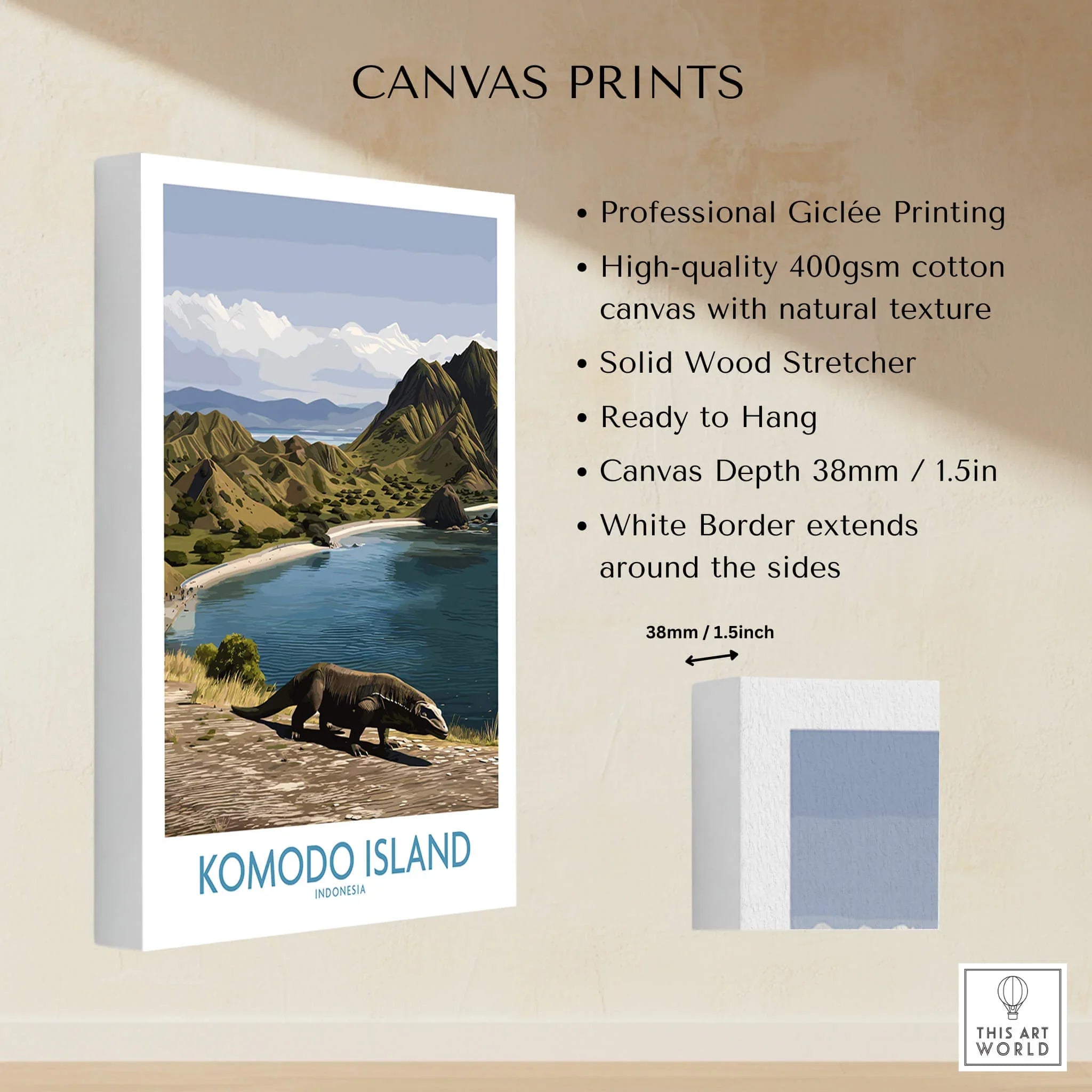 Komodo Island canvas print featuring a Komodo dragon, coastal landscape, and mountain view