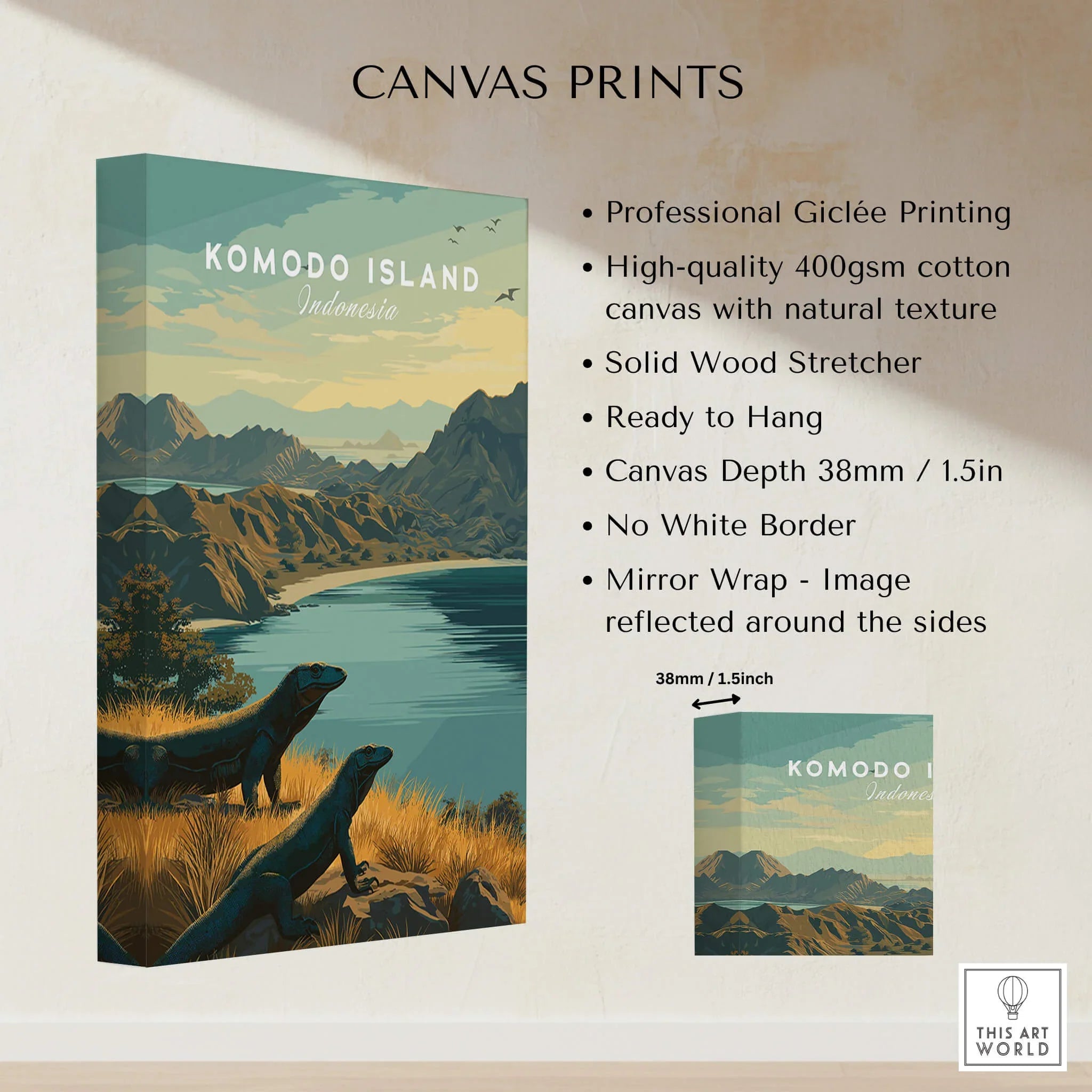 Komodo Island Indonesia canvas print with Komodo dragons, mountain landscape, and product details.
