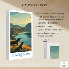 Komodo Island canvas print featuring Komodo dragons, mountains, and ocean, stretched cotton canvas details.