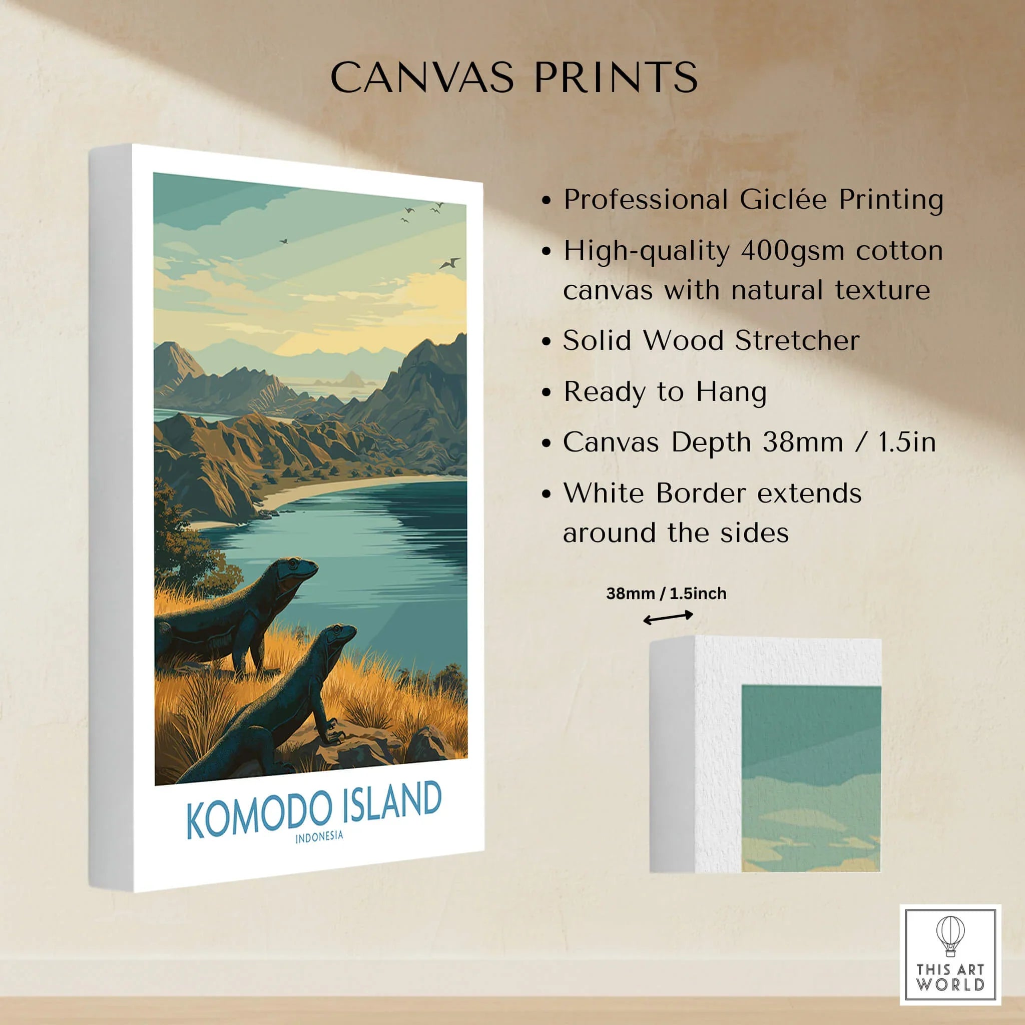 Komodo Island canvas print featuring Komodo dragons, mountains, and ocean, stretched cotton canvas details.