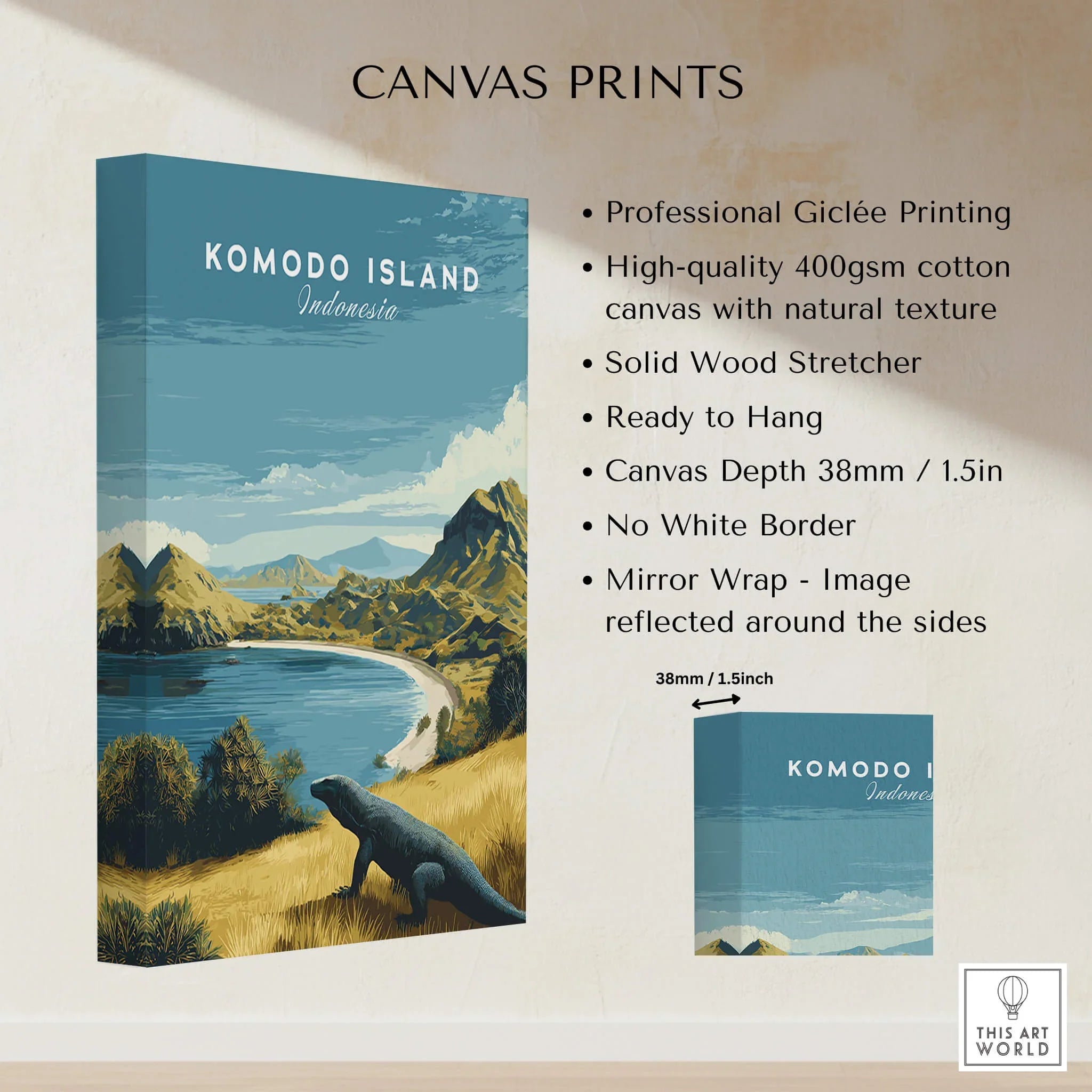 Komodo Island Indonesia canvas wall art print with Komodo dragon and coastal landscape