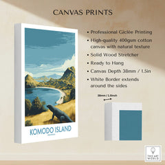 Komodo Island travel poster canvas print, featuring coastal landscape and Komodo dragon illustration.