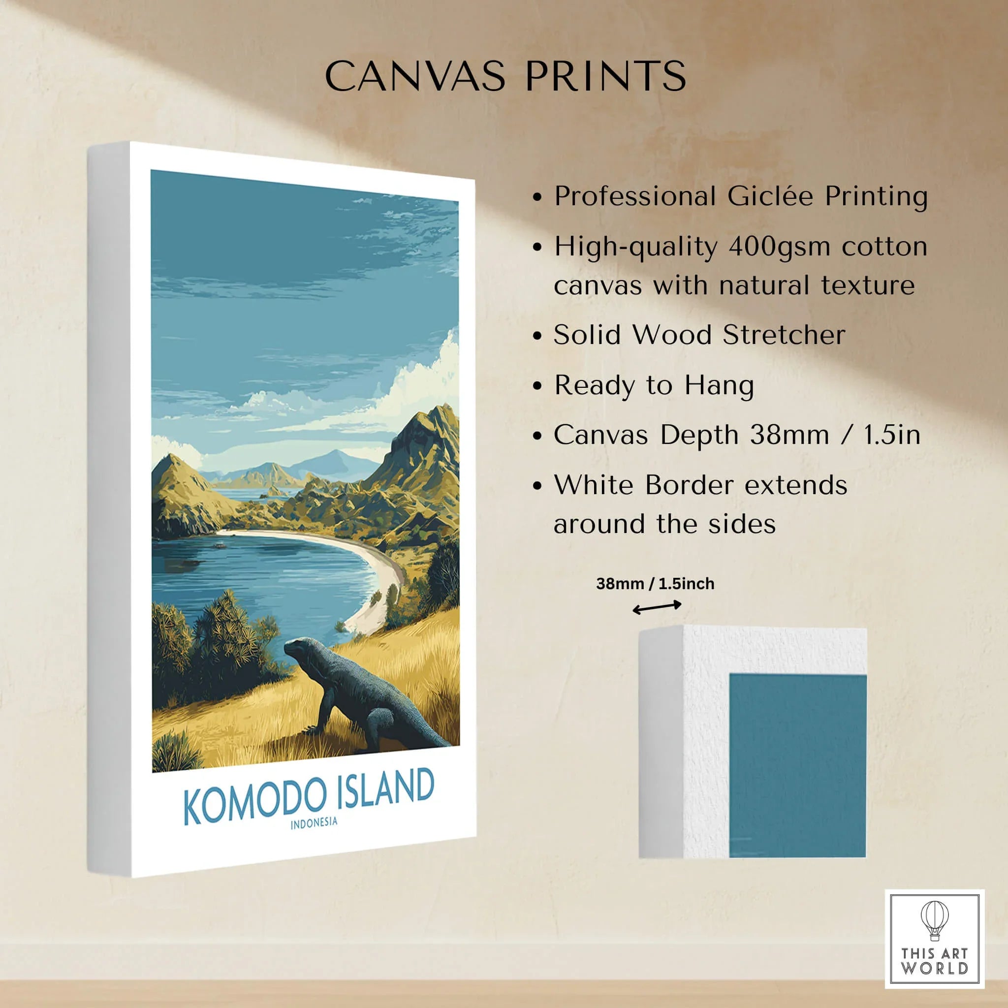 Komodo Island travel poster canvas print, featuring coastal landscape and Komodo dragon illustration.