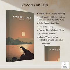 Komodo Island travel poster canvas print with sunset, silhouette of Komodo dragon, and mountain landscape.