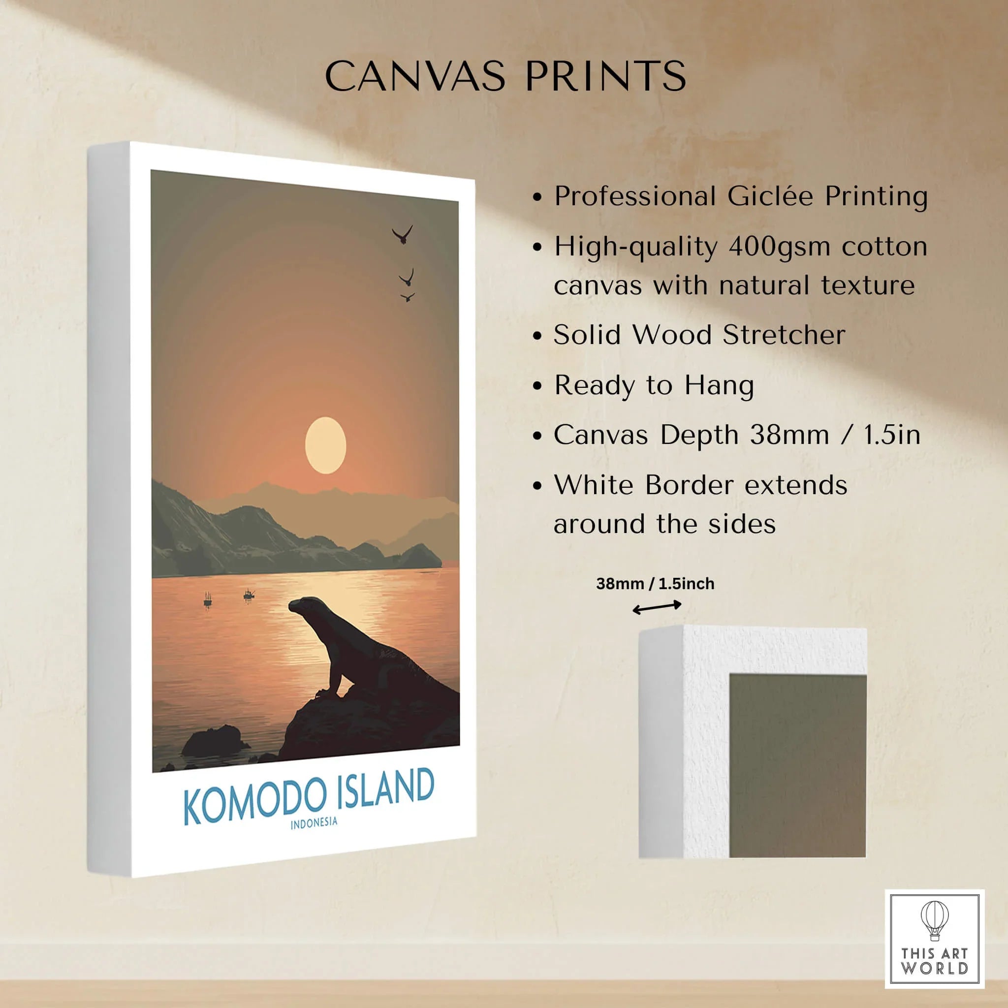 Komodo Island travel poster canvas print with sunset landscape and Komodo dragon silhouette