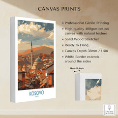 Kosovo Prizren Old Town Art Print | Historic Mosque View Poster displayed on canvas with professional printing details.