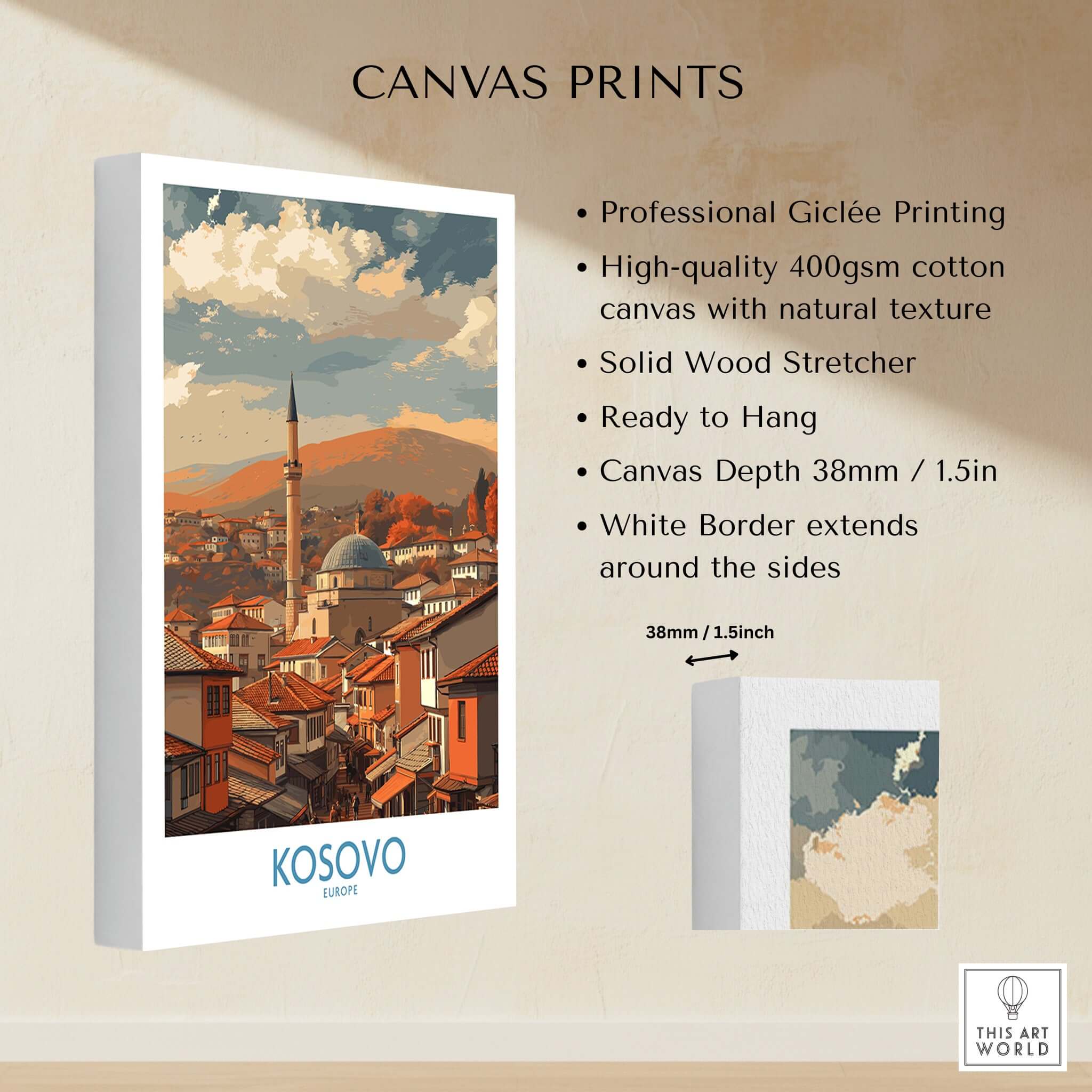 Kosovo Prizren Old Town Art Print | Historic Mosque View Poster displayed on canvas with professional printing details.